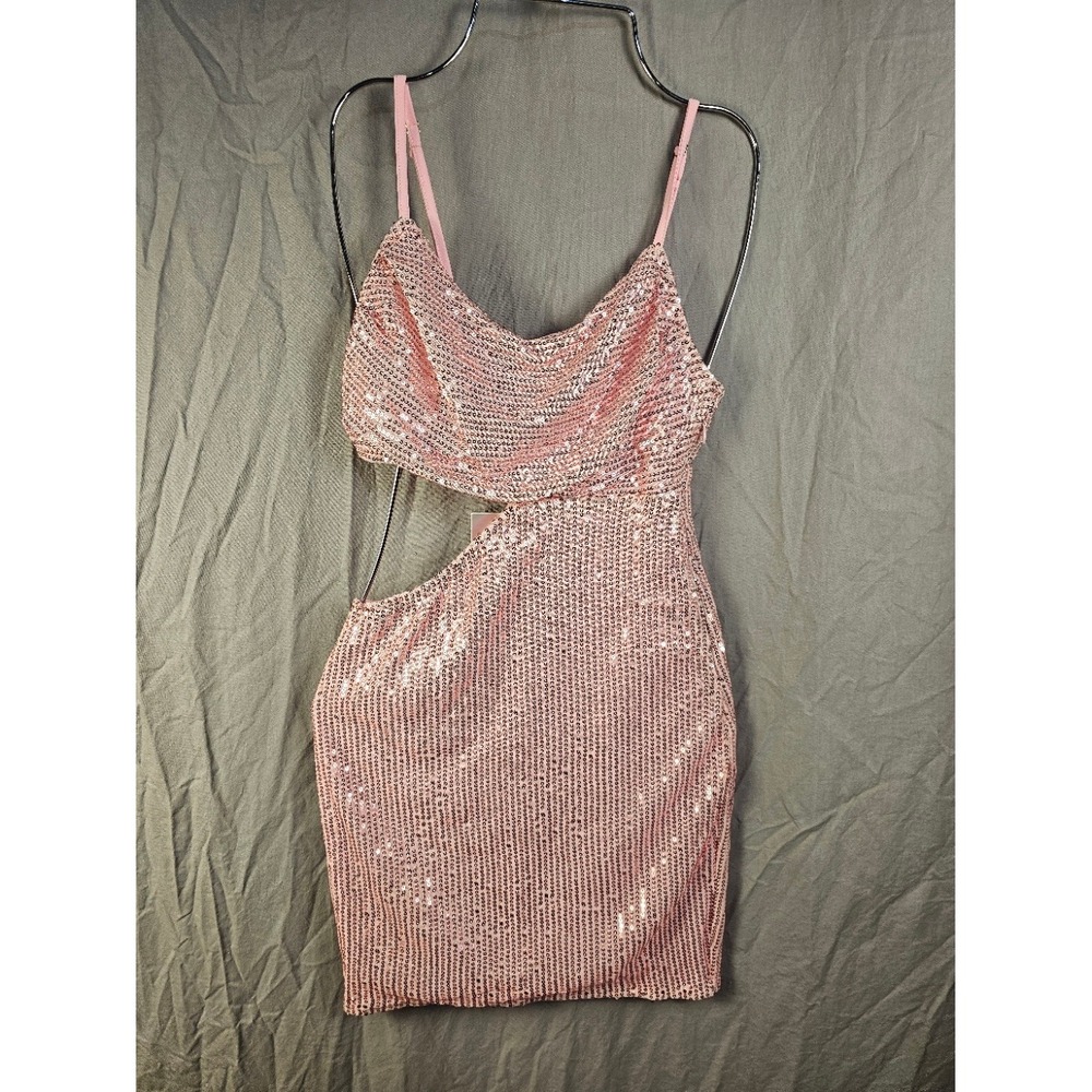Just Quella Pink Sequin Side Cutout Mini Dress Cowl Neck Party Style 9769 Small